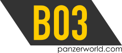 Dark gray parallelogram with the text B03 in yellow
